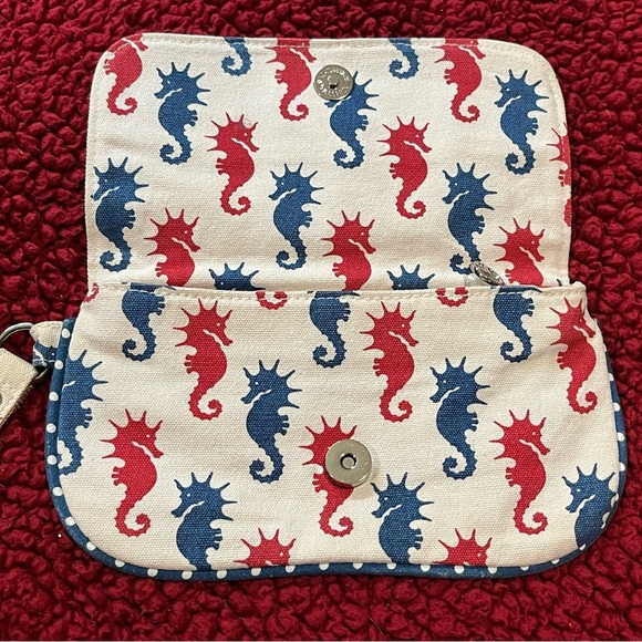Rare BUNGALOW 360 Seahorse Print Canvas Wristlet Clutch Natural/Beige Red Blue - Picture 4 of 10